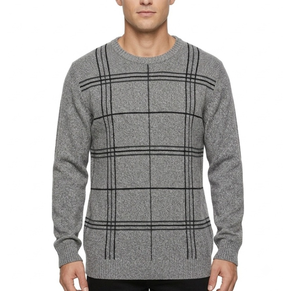 Croft & Barrow Sweater Mens XL Grey Windowpane Plaid Cotton Crewneck Textured